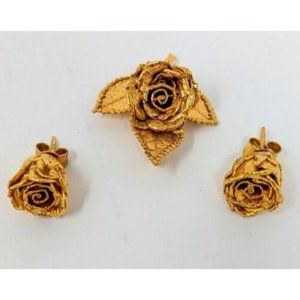 Real Roses Gold Dipped 24K Stud Earrings and Pendant Vintage  Jewelry